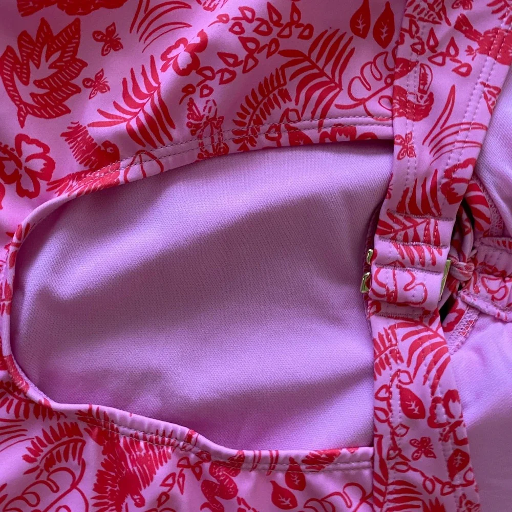 No Boundaries Pink Tropical Cheeky High Leg One Piece Swimsuit L 12-14 NWT